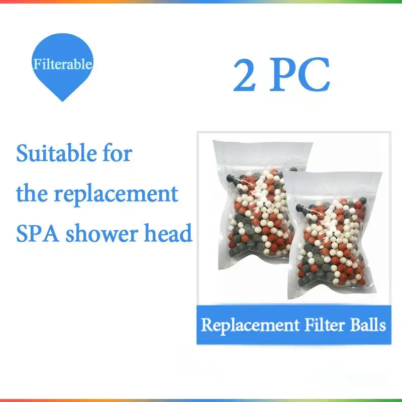 Two packs of white orange and gray replacement filter balls for modern chrome high pressure anion shower head with stop button