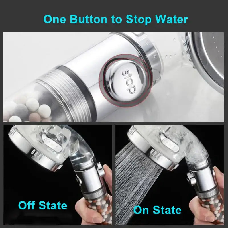 Modern chrome high pressure anion shower head with transparent bead filter and integrated stop button for bathroom use