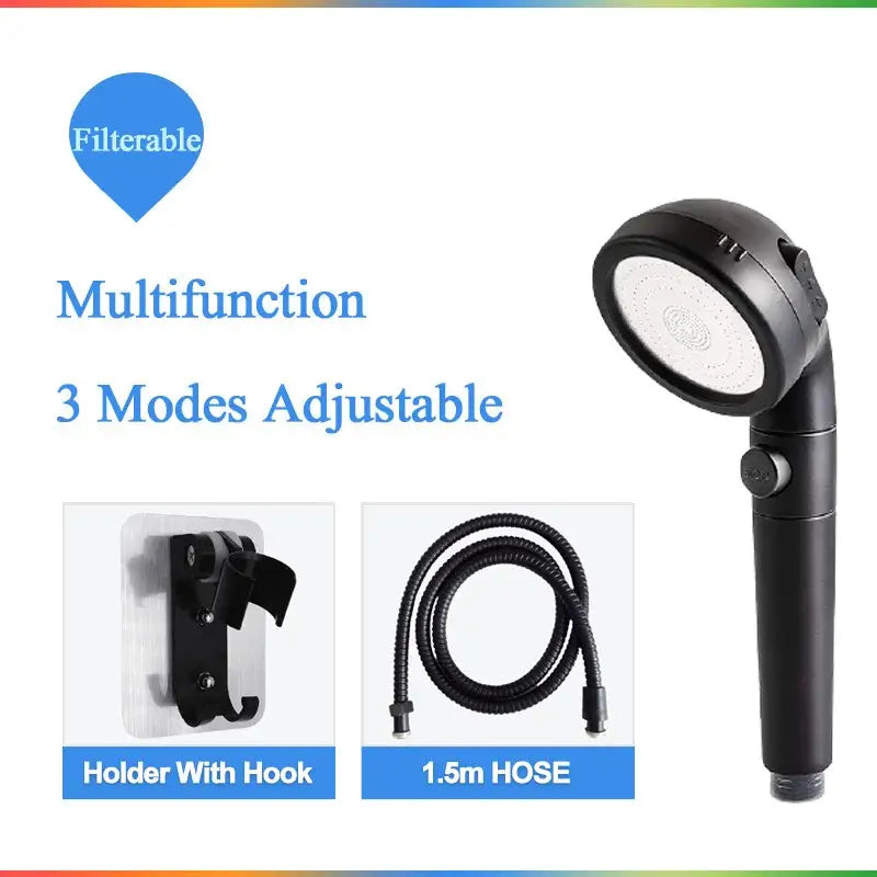 Modern black multifunction shower head with 3 adjustable modes high pressure anion and stop button filterable design