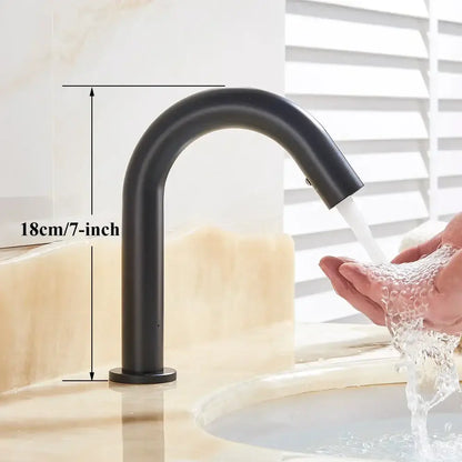Black matte finish modern sensor faucet with curved spout and cylindrical base for bathroom with decorbites infrared sensor