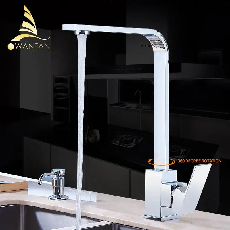 Modern chrome kitchen sink faucet with sleek angular design and 360 degree swivel single handle sink faucet
