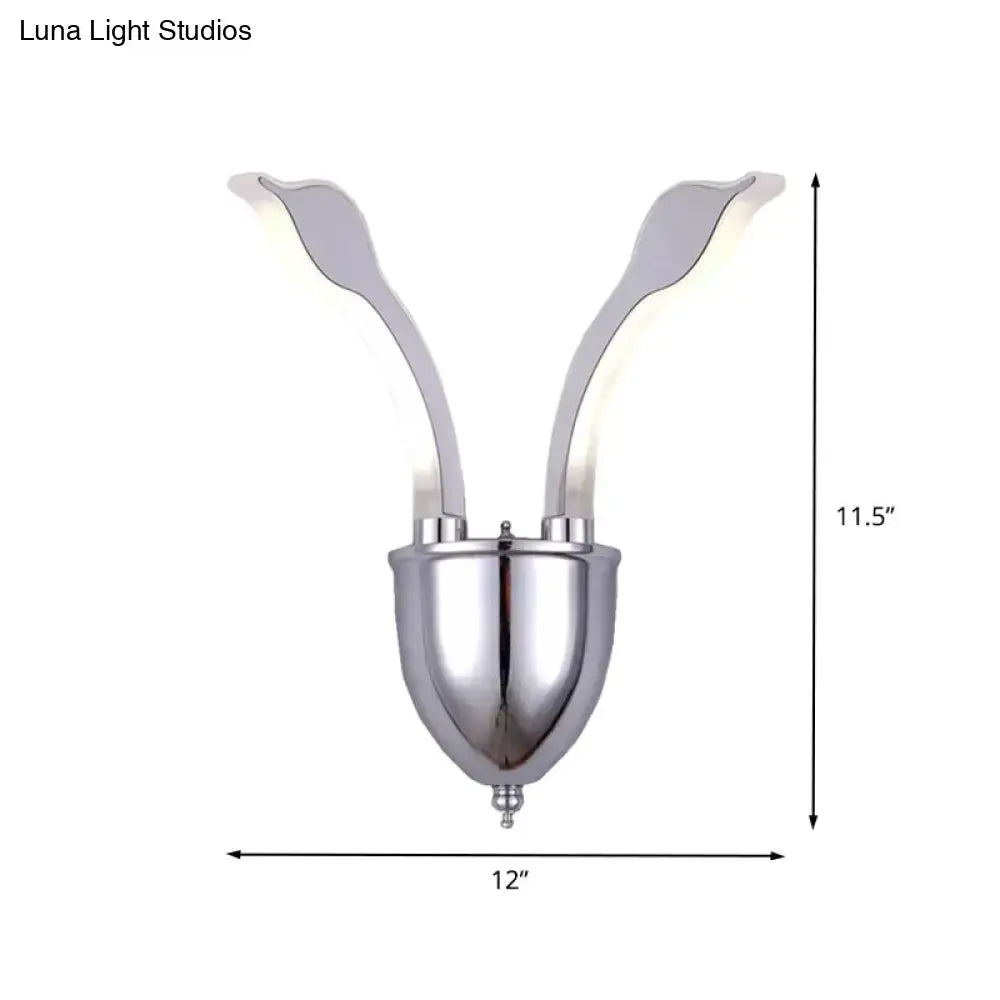 Modern chrome leaf led wall sconce with two warm white light acrylic shade arms extending upward from a rounded base