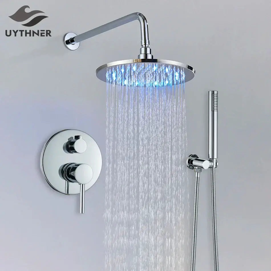 Modern chrome led brass shower set with chromium-finished rain head and blue led lighting featuring decorbites brass shower design
