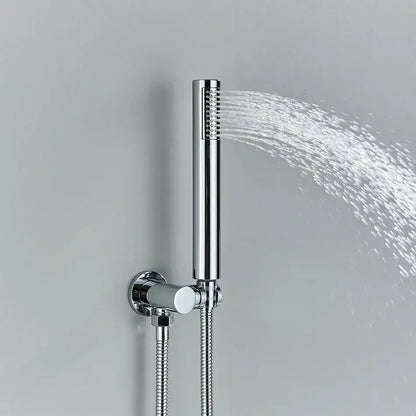 Modern chrome led brass shower set featuring a handheld showerhead with sleek cylindrical design and multiple spray nozzles for decorbites brass shower
