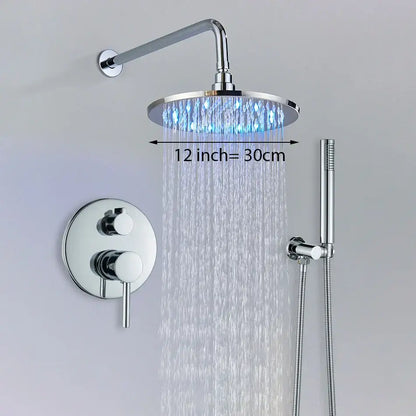Modern chrome led brass shower set featuring a shiny chrome 12-inch rain shower head with blue led lighting for bathroom decorbites brass shower
