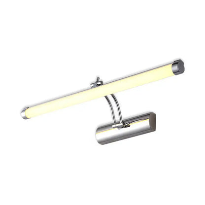 Modern chrome led indoor vanity light with tubular metallic shade and warm white illumination for bathroom wall use