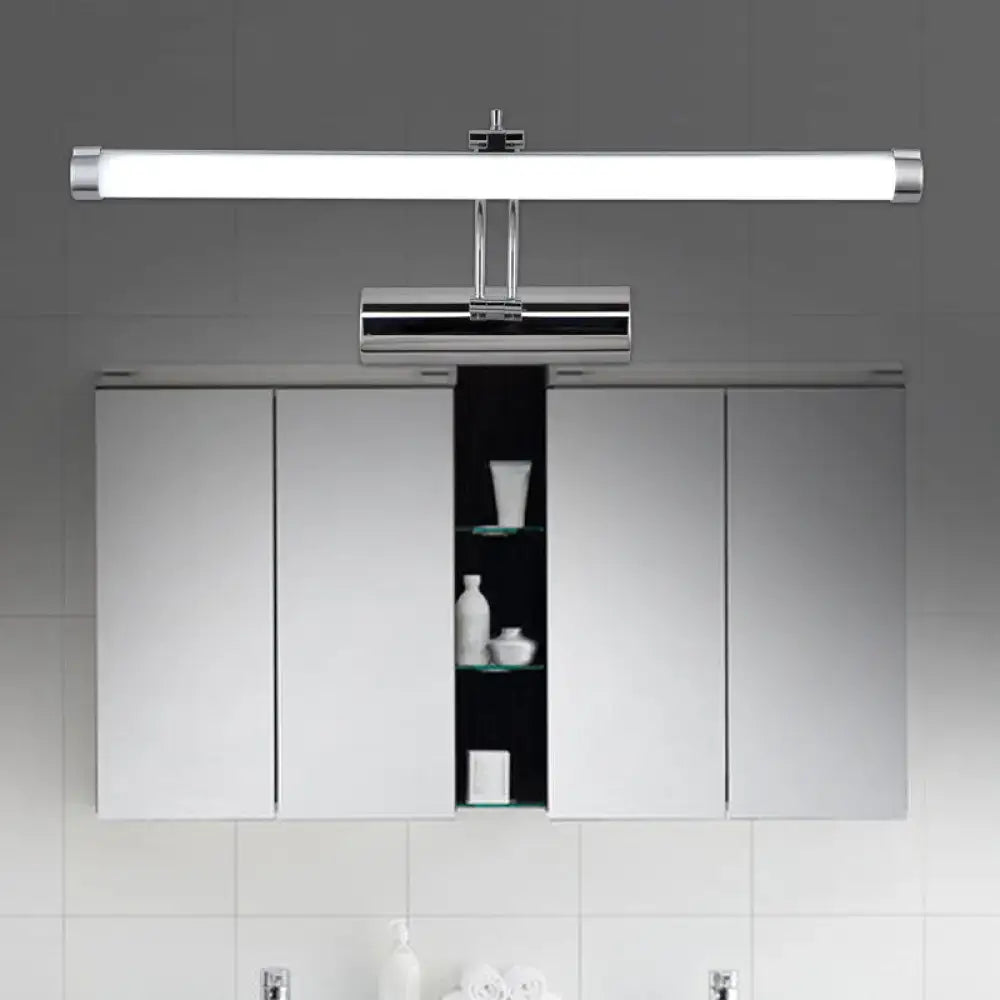 Modern chrome led indoor vanity light with a sleek rectangular design and tubular metallic shade for bathroom use