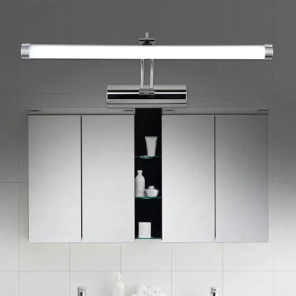 Modern chrome led indoor vanity light with a sleek rectangular design and tubular metallic shade for bathroom use