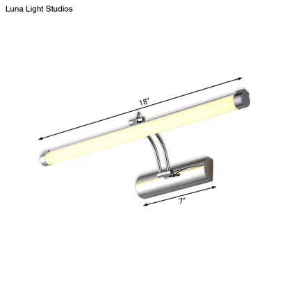 Modern chrome led indoor vanity light with tubular metallic shade and warm white illumination for bathroom wall use