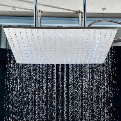 Modern chrome rain shower head with sleek rectangular design and integrated blue led lighting for bathroom ceiling use