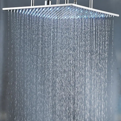 Modern chrome led rain shower head with blue embedded led lights and multiple water jets for bathroom ceiling use