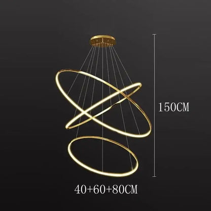 Modern golden pendant light with three interlocking circular rings and led bulbs ideal for living room square meters