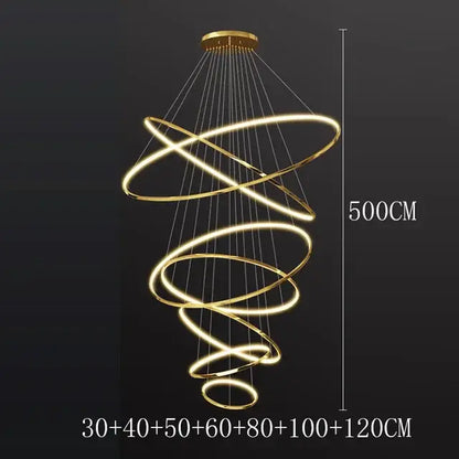 Modern chrome led ring pendant light with golden spiral chandelier and multiple glowing rings for living room use