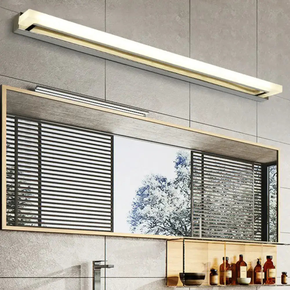 Modern chrome led sconce light with rectangular acrylic fixture and diffused white illumination for bathroom use