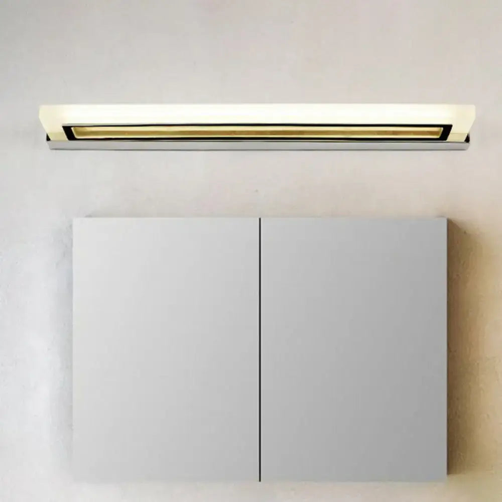 Modern chrome led sconce light with sleek acrylic fixture, warm white illumination, and compact fixture height for bathroom use
