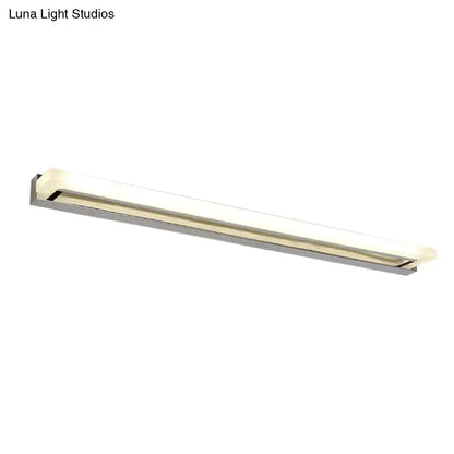 Modern chrome led sconce light with slim acrylic fixture and diffused white illumination for bathroom use