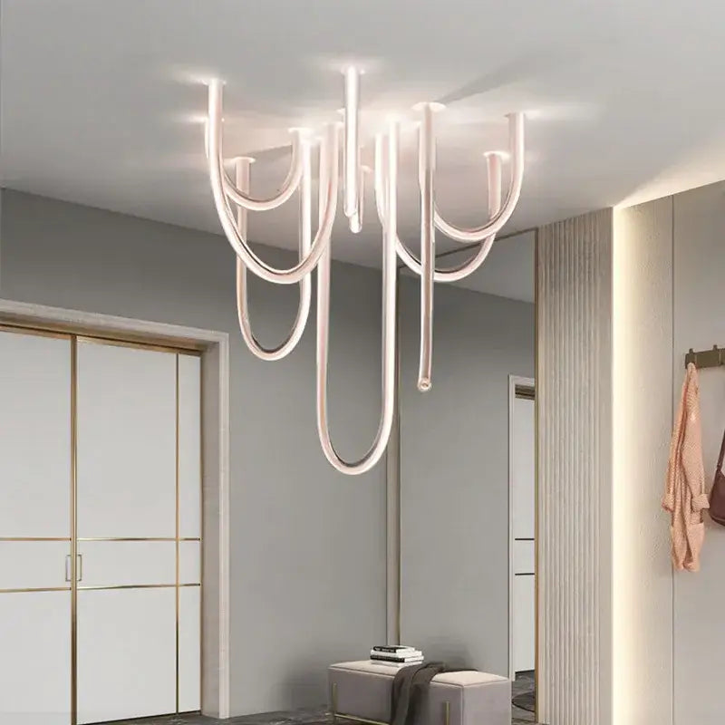 Modern chrome led u shape chandelier pendant lamp with sleek white curved metallic arms for dining room lighting