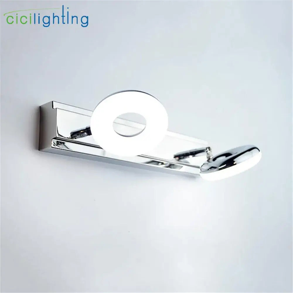 Modern chrome led vanity lamp with two illuminated circular fixtures for bathroom mirror lighting