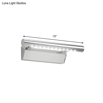 Silver metallic led wall sconce with sleek modern design 10 inch length emitting warm white light for bathroom vanity use