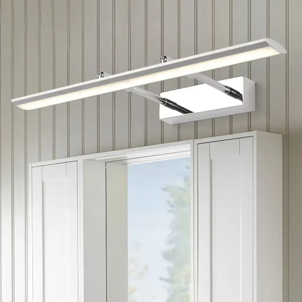 Modern chrome led vanity light fixture with sleek white rectangular design and adjustable arm for maximum bulb wattage illumination