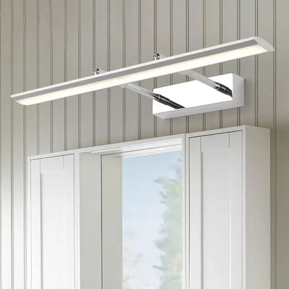 Modern chrome led vanity light fixture with sleek white rectangular design and adjustable arm for maximum bulb wattage illumination