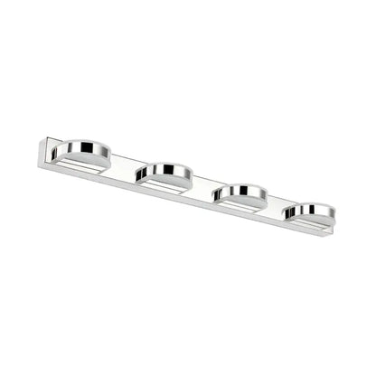 Modern chrome led vanity mirror light with four circular led bulbs in a sleek linear design for bathroom use