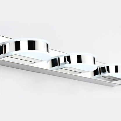 Modern chrome led vanity mirror light with sleek circular lamp heads and minimalist chrome and white design for bathroom use