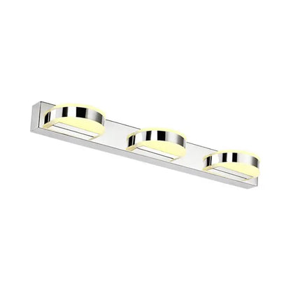 Modern chrome led vanity mirror light bathroom sconce with three circular led bulbs emitting warm yellow glow