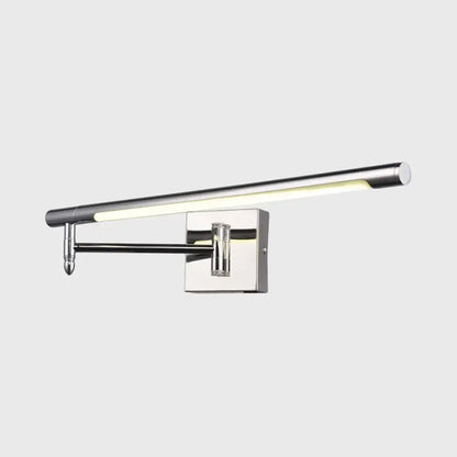 Modern chrome led vanity sconce with warm white light, sleek cylindrical design, adjustable arm, suitable for 110v-120v or 220v-240v