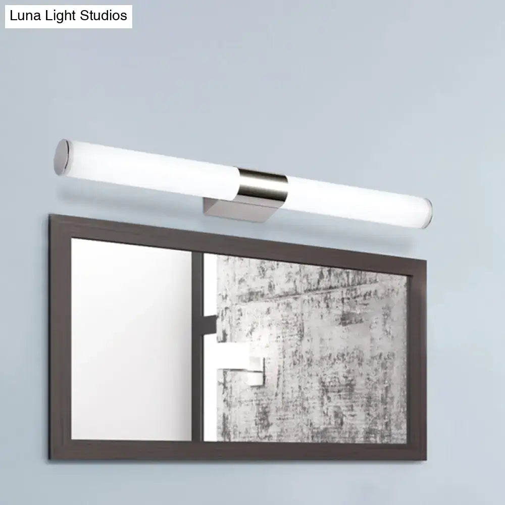 Modern chrome led wall light with brushed nickel finish, sleek white diffuser, and adjustable color temperature for bathroom vanity