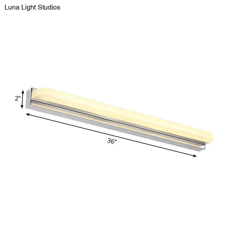 Modern chrome led wall mounted vanity light with sleek silver metal frame and warm white diffused lighting 36 inches long