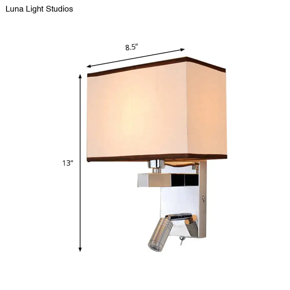 Modern chrome led wall sconce lighting with adjustable spotlight, beige fabric shade, and chrome metal base for bedroom reading
