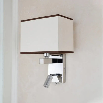 Modern chrome led wall sconce with rectangular off-white fabric shade and adjustable spotlight for bedroom reading