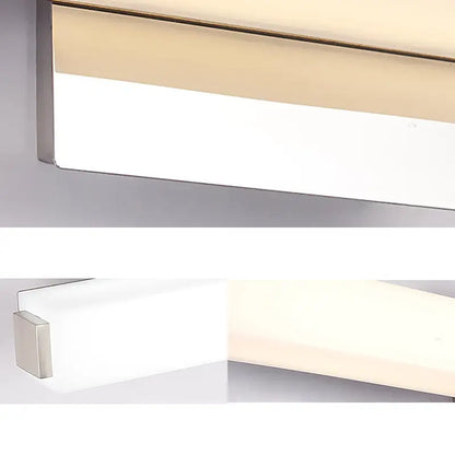 Modern chrome led wall sconce with sleek frame and frosted glass diffuser providing warm white light for vanity use