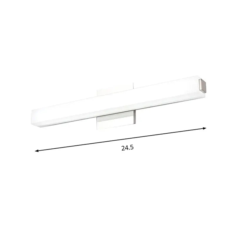 Modern white rectangular led wall sconce with sleek chrome finish and warm white light for vanity use