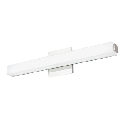 Modern white rectangular led wall sconce with sleek chrome accents providing warm white light for vanity use