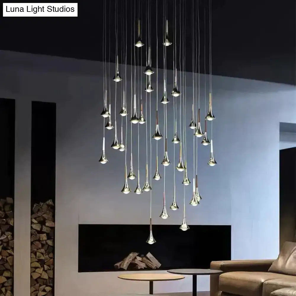Modern chrome-finished led water drop chandelier with slender trumpet-shaped fixtures suspended at varying heights