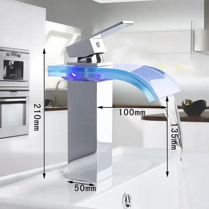 Modern chrome led waterfall basin mixer with translucent blue glass spout and decorbites led waterfall lighting