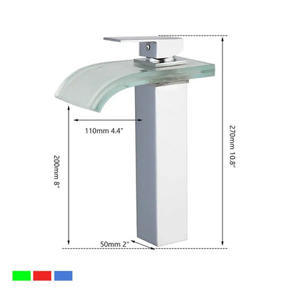 Modern chrome led waterfall basin mixer with sleek curved glass spout and rectangular base for bathroom decorbites led waterfall