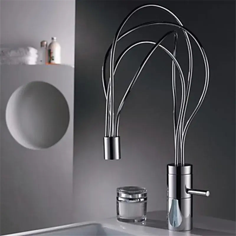 Modern chrome led waterfall bathroom faucet with blue light stream and elegant sculptural curved spouts decorbites led waterfall