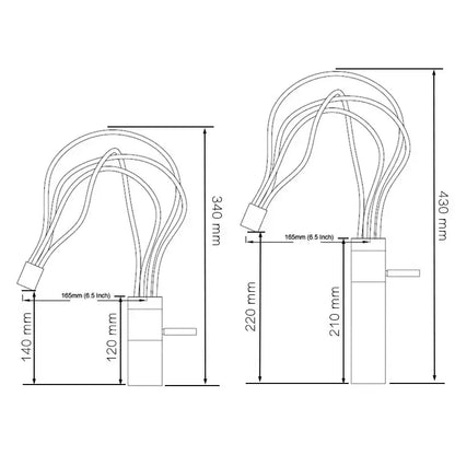 Technical drawing of a modern chrome led waterfall bathroom faucet with blue light stream and multi-wire electrical cable connectors