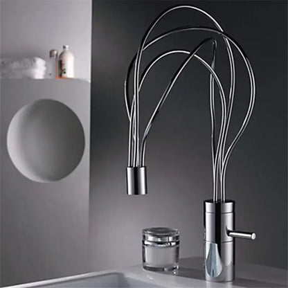Modern chrome led waterfall bathroom faucet with sculptural curved spouts and blue light stream by decorbites led waterfall