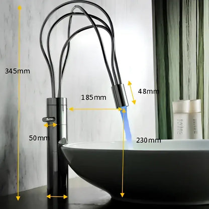 Modern black chrome decorbites led waterfall bathroom faucet with sleek curved spout and integrated control handle