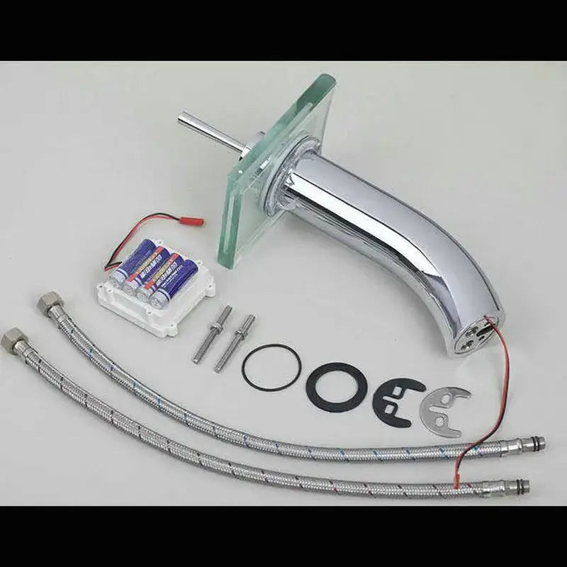 Modern chrome led waterfall glass basin mixer faucet with square glass plate curved spout and installation hardware decorbites led waterfall