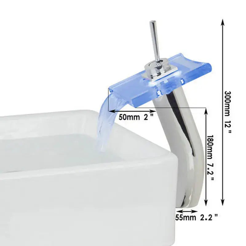 Modern chrome led waterfall glass basin mixer faucet with translucent blue acrylic spout for contemporary bathroom decorbites led waterfall