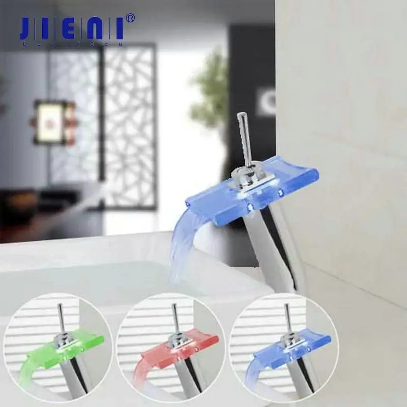 Modern chrome led waterfall glass basin mixer faucet with blue translucent acrylic spout for bathroom decorbites led waterfall