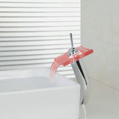 Modern chrome led waterfall glass basin mixer faucet with coral translucent acrylic spout for bathroom decorbites led waterfall
