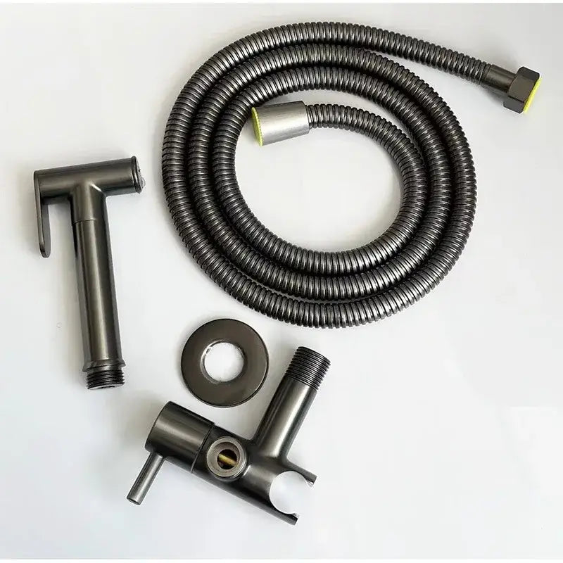 Modern chrome and matte black bidet spray set with matte black metal faucet and flexible corrugated hose for bathrooms