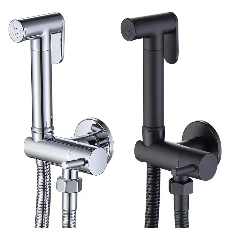 Modern chrome and matte black bidet spray set featuring sleek handheld shattaf designs for bathroom use
