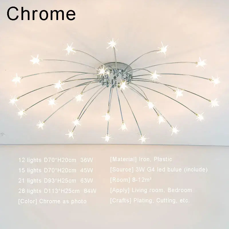 Modern chrome metal led chandelier starburst ceiling light with 12 to 28 led bulbs for living room decorbites chrome metal led